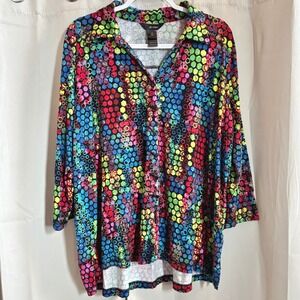 Ali Miles Womens Artsy Top 2X Geometric Colorful Button Up Abstract Boho 19599